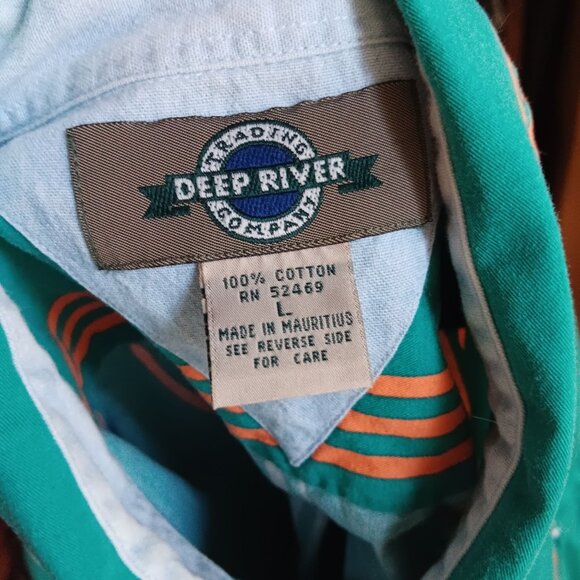 Men's Large Shirt Deep River Vintage Y2K Striped Button-Down Turquoise Orange - Picture 4 of 4